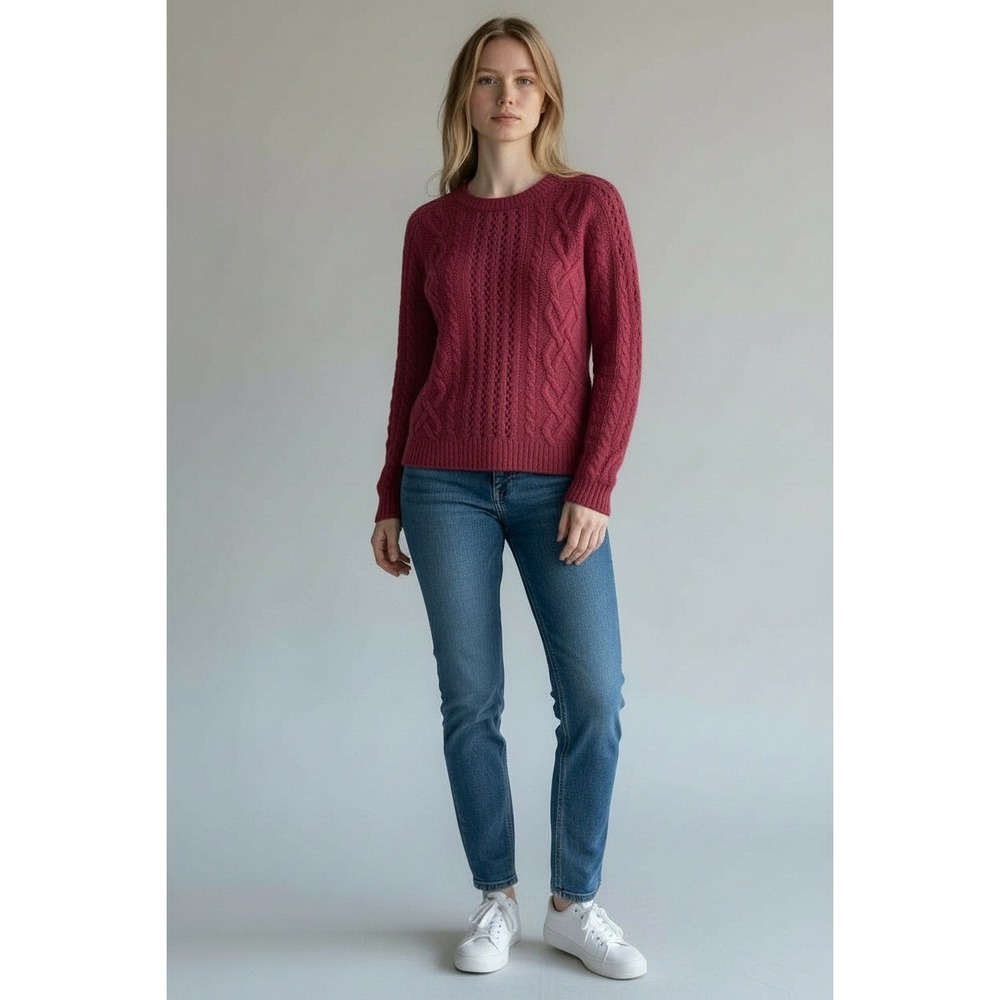 Ann Taylor LOFT Cable Knit Sweater Wool Blend Burgundy Crewneck Small Preppy‎